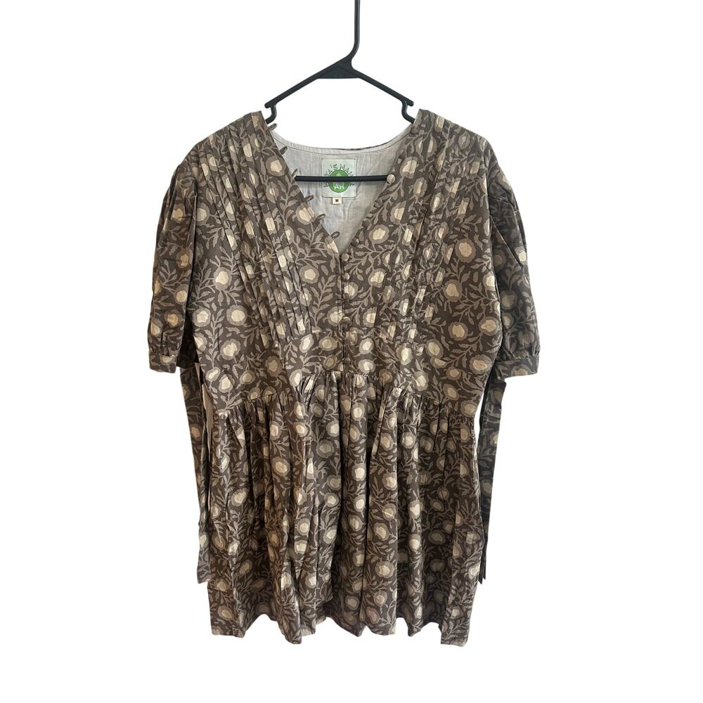 Mod's Mahal NWOT 100% Cotton Short Sleeve Mini Dress Beige Brown Floral Sz M